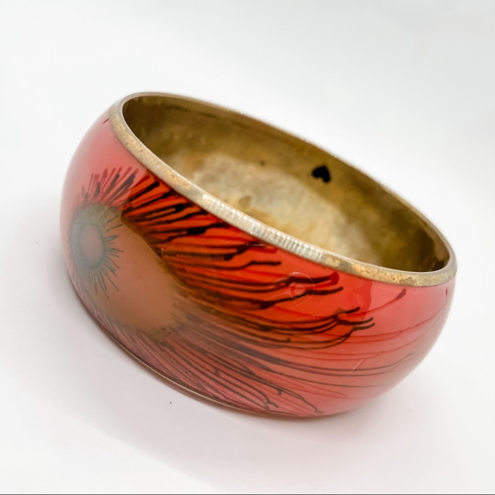 Vintage Peacock Feather Pink Brass Bangle